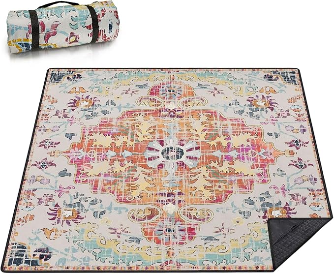 Picnic Blankets Extra Large Waterproof, 80"x 80"Vintage Boho Beach Mat with Corner Pockets Windproof Sandproof Foldable Portable 3-Layer Mat Darker for Wet Grass,Parks,Music Festival,Camping,Concerts