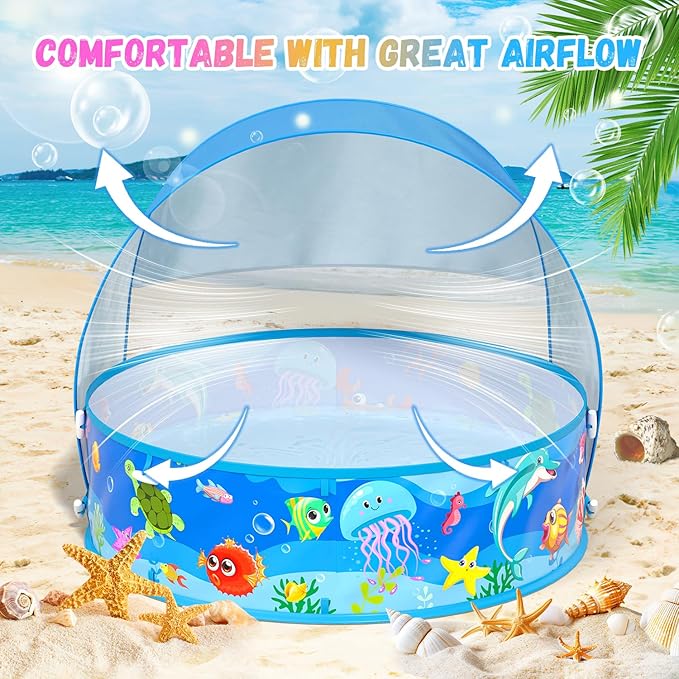 Baby Pool with Canopy Foldable Kiddie Pool with Sun Shade Pools for Toddlers Baby Beach Essentials Pop Up Tent Swimming Wading Pools Portable Summer Water Play for Indoor Outdoor Beach Backyards