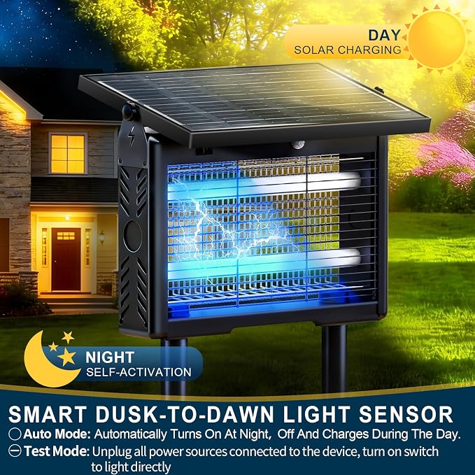 14W Solar Bug Zapper Outdoor | 7500mAh, 365–395nm UV, Dusk-Dawn Sensor, IPX5 Waterproof, 20ft Cord, Indoor & Outdoor for Home, Patio, Garden, Deck, Camping