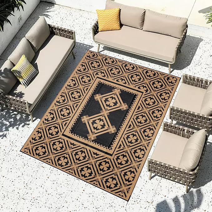 Alfolo Outdoor Rugs 9x12 for Patios Clearance Brown Outdoor Plastic Straw Rug Black and Brown Outdoor Rug Waterproof Reversible Outside Mat with Durable Edges Double Woven Patio,Porch,Rv Camping Rug