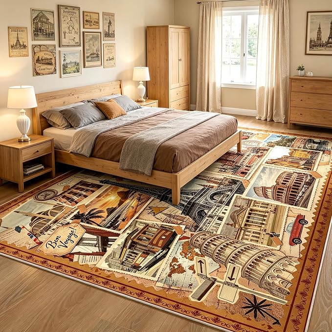 Vintage World Landmark Stamp Collage Area Rug, 5x7ft Retro European Travel City Print Washable TPE Backing Non-Slip Rug, Travel Themed Decor Floor Mat for Living Room Bedroom Office Home Decor