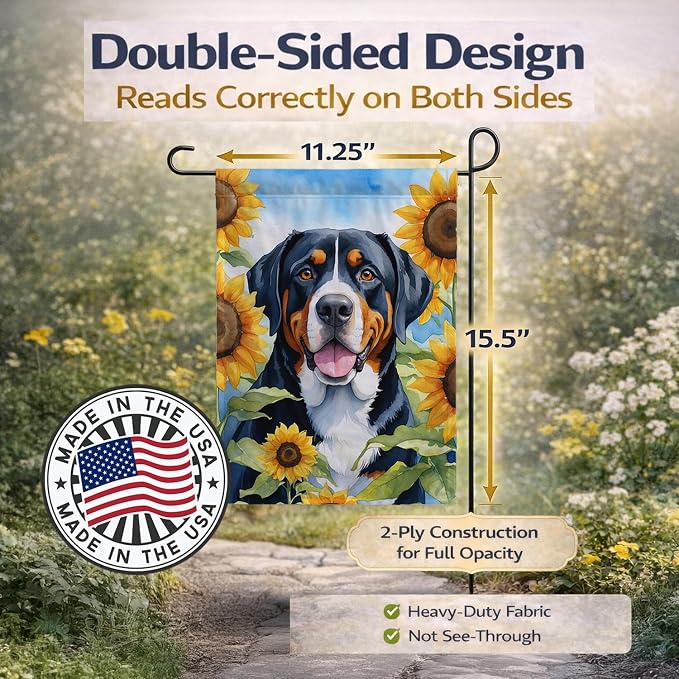 Caroline's Treasures DAC6094GF Greater Swiss Mountain Dog in Sunflowers Garden Flag Mailbox Flag Decorative Yard Flag Banner Outside Patio Artwork Yard Flower Beds, Garden Size, Multicolor