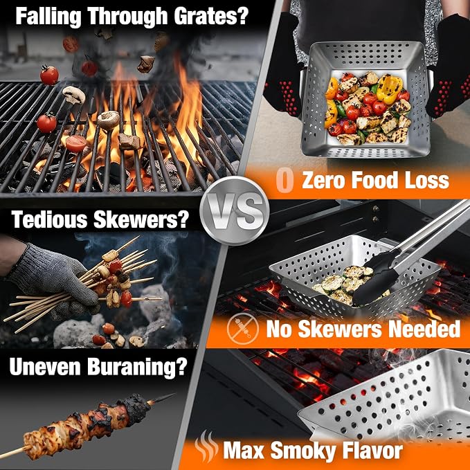 3 Piece Stainless Steel Grill Basket Set with Basting Brush, Heavy Duty Small Vegetable Grill Basket for Outdoor Grill - Perforated Compact BBQ Grill Pan & Wok Accessories for Gas, Charcoal, Veggies