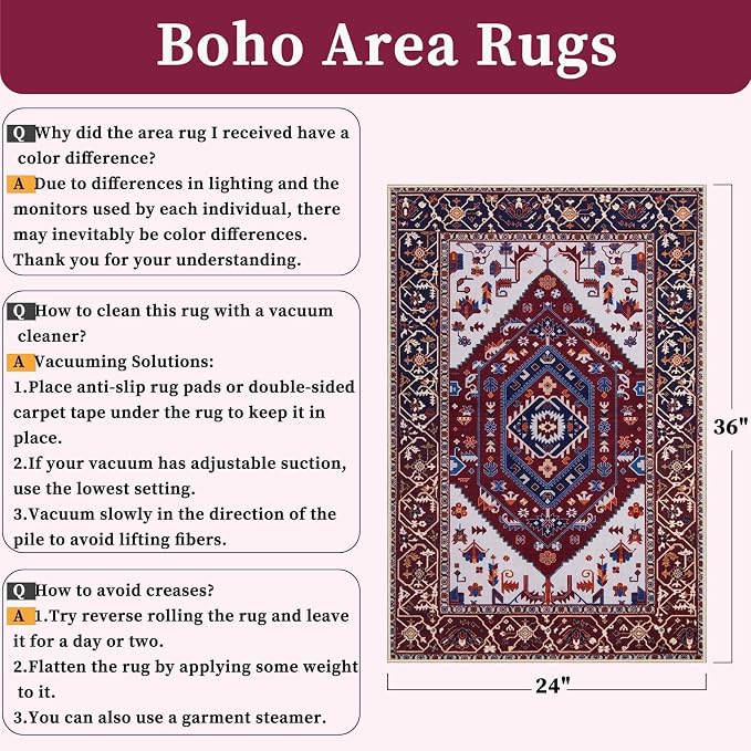 SERISSA 2x3 Washable Non Slip Boho Small Area Rug for Entryway | Ultra Soft Vintage Oriental Carpet Low-Pile Burgundy Navy Indoor Mat for Bedroom Kitchen Bathroom Entrance Floor
