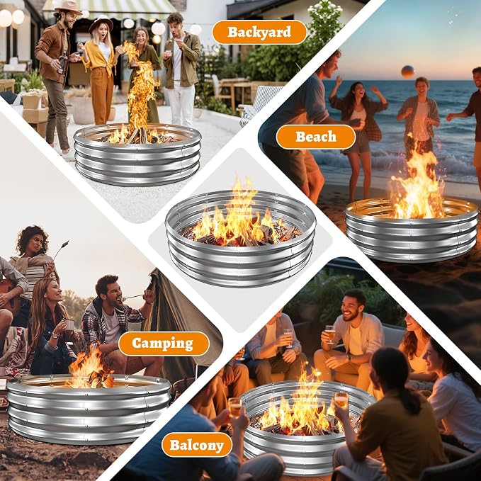 Metal Fire Pit Ring/Bonfire Fire Ring- 4 FT Diameter, 0.8 MM Thick,1 ft High, Durable and Stylish for Outdoor Fire Pits,Patios and Camping (Silver, 4X4X1 ft)
