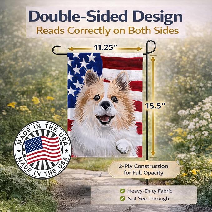 Caroline's Treasures CK6566GF Icelandic Sheepdog Dog American Flag Garden Flag Mailbox Flag Decorative Yard Flag Banner Outside Patio Artwork Yard Flower Beds, Garden Size, Multicolor