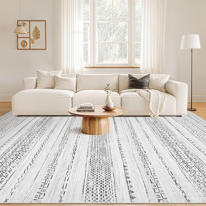 Nakagishi Boho 9x12 Area Rug Living Room Rugs Machine Washable Gray | Soft, Pet & Kid Friendly, Carpet for Living Room/Bedroom/Office/Kitchen/Nursery, Daily Home Decor Stain Resistant Moroccan