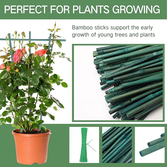 Suclain 100 Pcs 18 Inch Bamboo Stakes for Plant Support Bamboo Sticks Poles Indoor and Outdoor Tall Garden Stakes with 100 Twist Ties for Tomato Bean Flowers Trees Potted and Climbing Plant Support