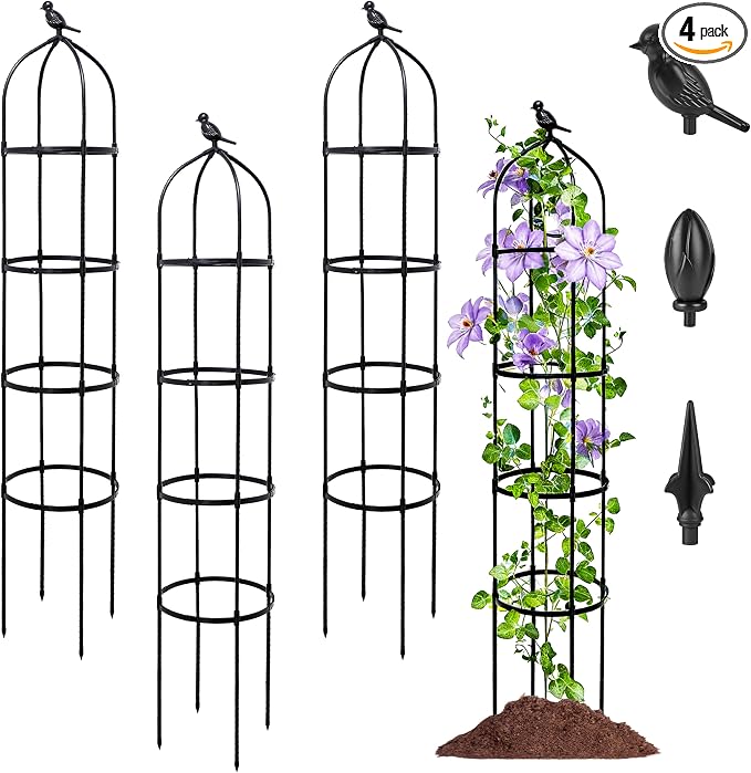 4-Pack 6FT Garden Obelisk Trellis for Climbing Plants,Adjustable 4-Tier Metal Plant Support,Rustproof Outdoor Plant Tower with 3 Decorative Tops for Roses,Tomatoes,Clematis & Vines,Black
