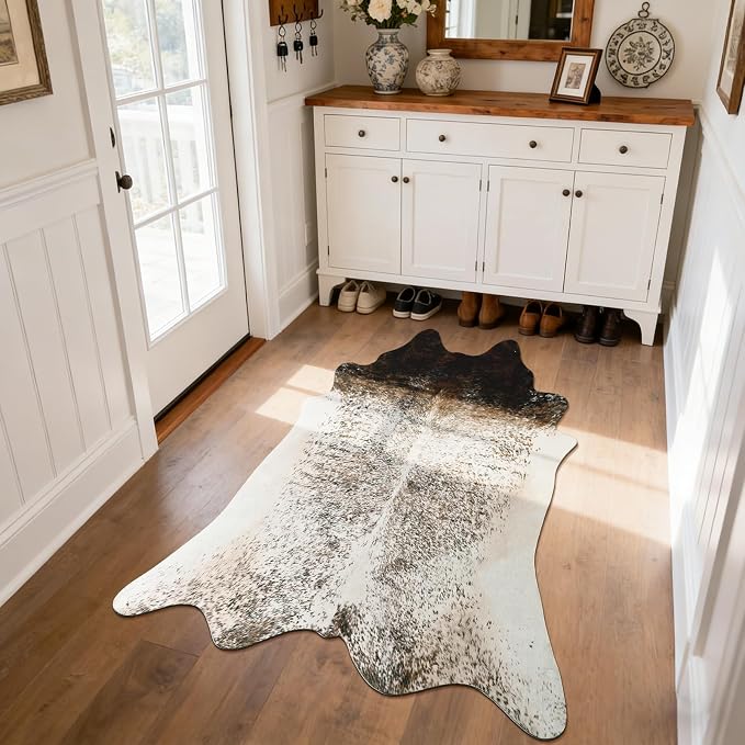 2x3 Small Cowhide Rug, Washable Faux Brown and White Hide Runner Rugs for Entryway, Classic Texas Animal Print Accent Carpet for Fireplace Bedside, Synthetic Decor