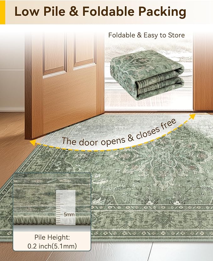 RELEANY Washable Area Rug, 5'x7', Green/Dark Green/Gray | Non-Slip, Water Repellent, Pet Friendly, Easy to Clean, Vintage Floral Boho Decor for Living Room Bedroom Dining Room Office