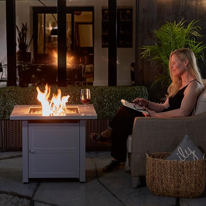 Endless Summer 30" Square Outdoor Propane Fire Pit Table with Marble Mantel | Includes White Fire Glass and Protective Cover