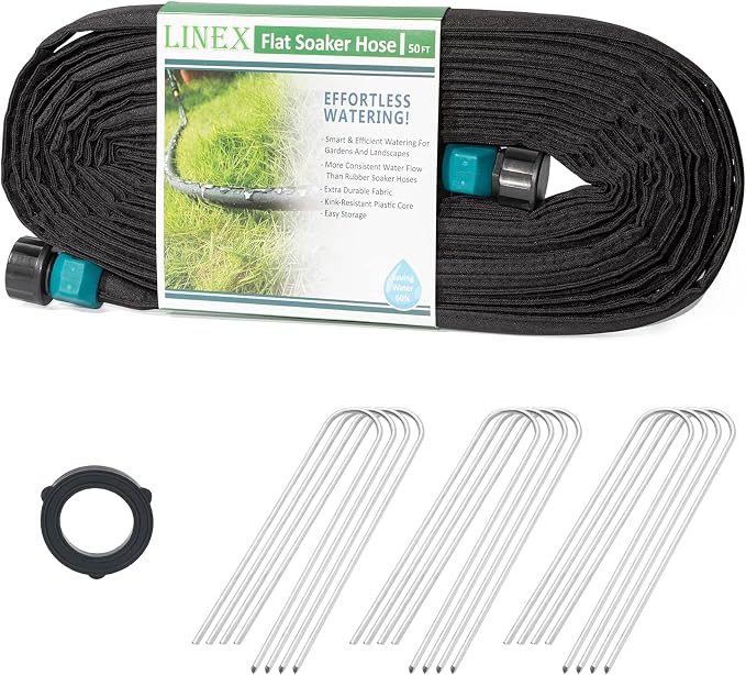 LINEX Flat Soaker Hose 1/2" x 50 ft with Stake for Garden Beds Drip Sprinkler Irrigation Hose Heavy Duty Saving 80% Water For Vegetable