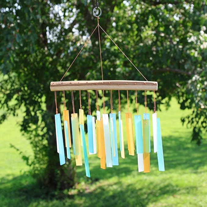 Blue Handworks Caribbean Beach Glass and Driftwood Chime - Sandblasted Glass and Found Wood Hand Crafted Wind Chime | Sandblasted Glass and Found Wood Hand Crafted Wind Chime