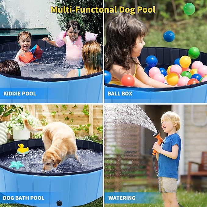 CACSPS Foldable Dog Pool, 71" x 12" Large Kiddie Pool with Hard Plastic, Non-Slip Dog Bath Tub for Outdoor Backyard, Collapsible Dog Swimming Pool for Kids Dogs Pets (Blue)