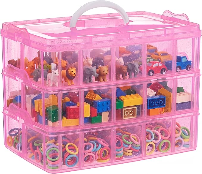 SGHUO Bead Organizers and Storage 3-Tier Pink Craft Container Stackable Box with Dividers for Art Supplies, Washi Tapes, Seed, Hair Accessories, Nail, 9.5X6.5X7.2in