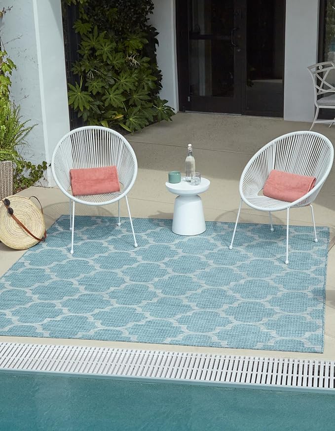 Unique Loom Outdoor Trellis Collection Area Rug (5' 1" Square, Aquamarine/ Gray)