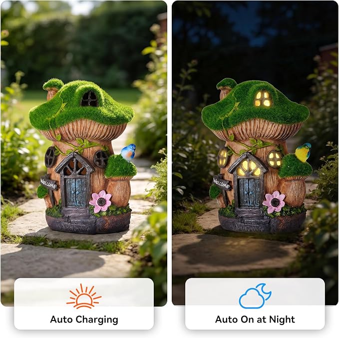 Mushroom Fairy Garden House, Solar Fairy House for Outside Decor with Bird, Outdoor Garden Statues for Yard, Lawn, Balcony,Patio, Outdoor Figurine Lights Gifts for Mom Women