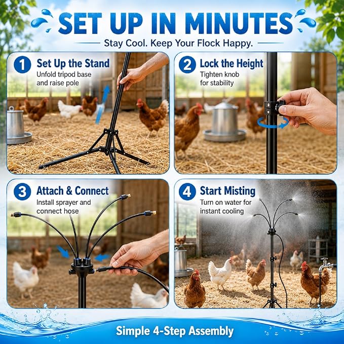 BobbleT Standing Misters for Chicken Coop, 5.3 FT Adjustable Poultry Cooling Misting System, 360° Full Coverage Cooling Portable Water Mister for Outside Patio, Helps Relieve Heat Stress, Reduce Dust