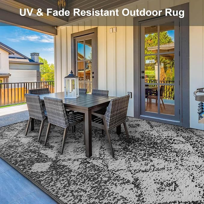Outdoor Patio Plastic Straw Rug - 4x6 ft Outdoor Camping Rug Waterproof Reversible, Area Carpet Patios RV, Outside Porch Balcony Deck for Camper, Mosaic Black Grey