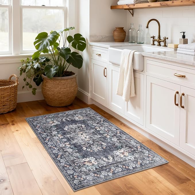 GarveeHome Washable 2x3 Vintage Rug for Hallway Floral Accent Mat | Boho Botanical Small Accent Mats Non-Slip Low Pile Bordered Kitchen Floor Carpets Flower Area Rugs for Bathroom Porch Blue