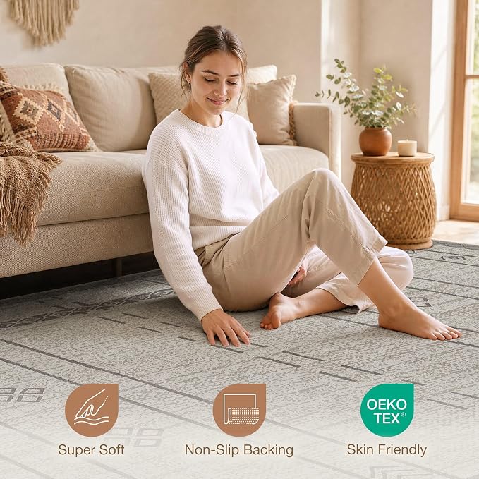 cotiled 6x9 Area Rugs for Living Room: Boho Washable Rug for Dining Room | Stain Resistan Indoor Soft Carpet for Bedroom Nursery Grey Brown