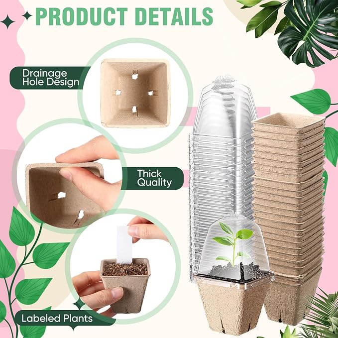 Baderke 120 Pcs Biodegradable Nursery Pots with 30 Humidity Dome and 30 Labels, 2.36" Plant Nursery Seed Starter Planter Biodegradable Peat Pots for Planting Seedlings, Vegetables (Square)
