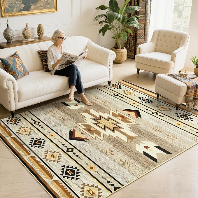 BENRON Western Area Rugs for Living Room Bedroom 6x9, Washable, Beige Brown | Non Slip Southwest aztec Large Rugs for Dining Table Kitchen Home Decor