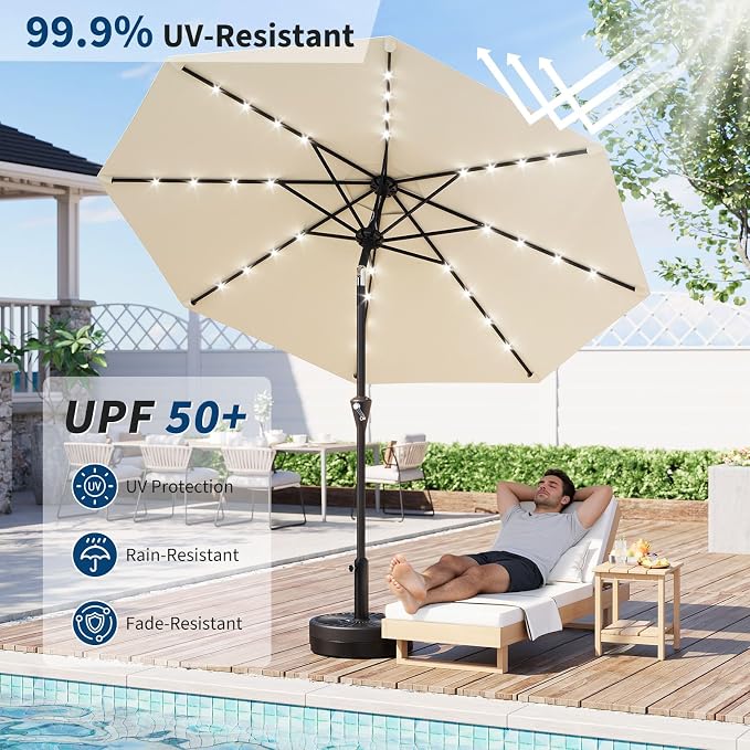 GarveeLife Patio Umbrella with Solar Lights, Outdoor Table Umbrella with 8 Durable Ribs, Tilt & Crank Mechanism, Water & UV Protection Sun Shade Umbrella for Garden, Poolside, Backyard (Beige, 9 FT)