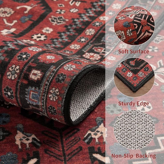 Ciicool 2x10ft Long Hallway Runner Rug,Thin Washable Carpet for Bedroom | Ultra Soft Vintage Oriental Red/black Entry Boho Area Rugs for Entrance Bedside Living Room Kitchen Laundry Room Bathroom