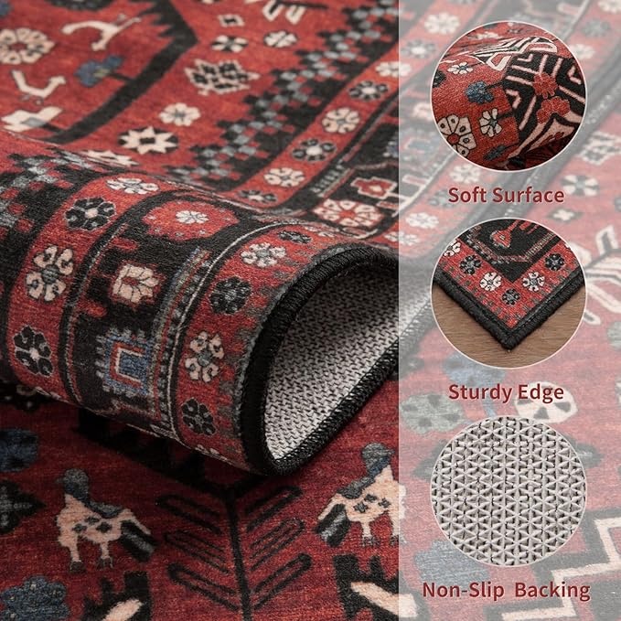 Ciicool Washable Non Slip Runner Rug,2x6ft Vintage Hallway Kitchen Rugs | Soft Oriental Indoor Red/black Boho Entry Carpet for Entrance Bedroom Bedside Living Room Laundry Bathroom Decor