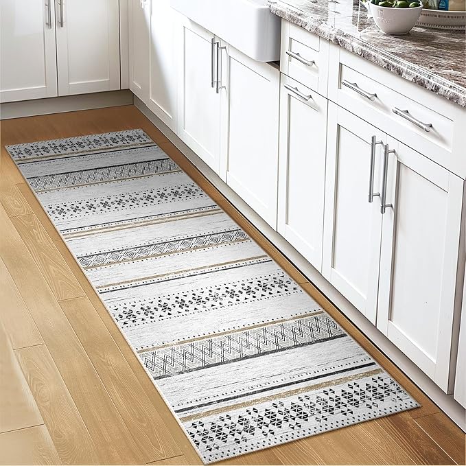 2x6 Washable Area Rugs for Living Room Boho Runner Rug Black/Brown | Vacuum Friendly, Machine Washable, Non-Slip Rug, Stain Resistant, Moroccan Geometric, Low Pile Carpet, Hallway Kitchen