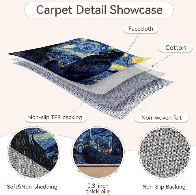 Cat Starry Night 5x7 Area Rug,Abstract Van Gogh Washable Carpet Non Slip Mat Low Pile Large Rugs for Living Room,Bedroom,Farmhouse,Dining Room,Kids Playroom,Kitchen Indoor
