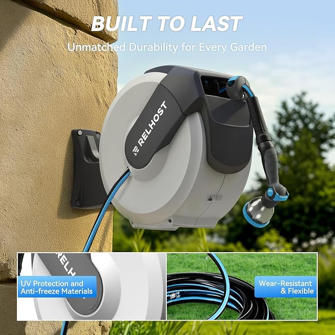Relhost Retractable Garden Hose Reel 100 ft x 5/8 in, Heavy Duty Hose Reel Wall Mount with Any Length Lock, Auto Rewind System, 180° Swivel Bracket, 10-Pattern Garden Hose Nozzle, White & Grey