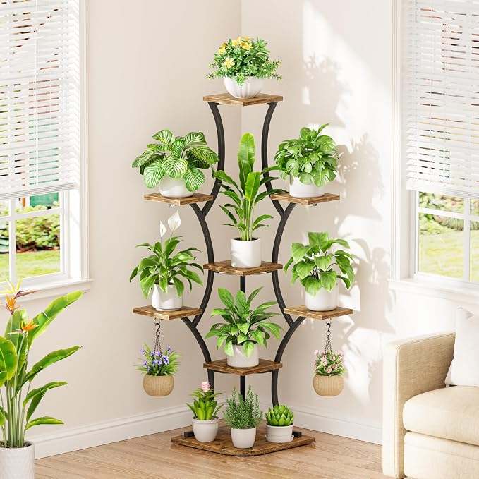 Corner Indoor Plant Stand With Grow Lights, 8 Tier, 52.6" Tall | Plant Shelf, Flower Holder, Display Rack,Heavy Duty Anti-rust Iron Pipes, Water-resistant & Anti-corrosive Wood, Auto Timer