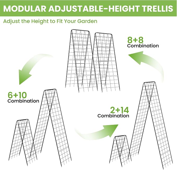 Garden Trellis for Cucumbers, 50” x 16“ Adjustable A-Frame Plant Support for Climbing Plants Outdoor, Vegetable, Flowers, 2 Pack Heavy Duty 1cm Metal Vegetable Trellis for Backyard, Raised Bed, Patio