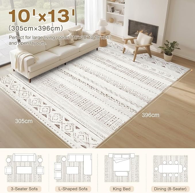 cotiled 10x13 Area Rugs Washable Boho Living Room Rug Brown/Cream | Solve Modern Neutral Trendy Home Decor - Stain Resistan Carpet for Bedroom Farmhouse Brown Cream