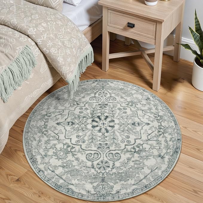 Lahome Reine Round Rug 4ft, Soft Rug for Bedroom Machine Washable Office Circle Rug, Bohemian Medallion Non-Slip Non-Shedding Low Pile Printed Indoor Carpet for Kitchen Laundry Bathroom, Beige