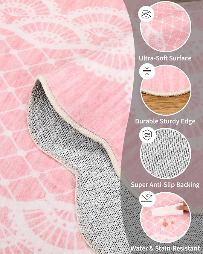 Garvee Washable Scalloped 8x10 Area Rug for Living Room Lace Pink Rug | Soft Non Slip Rugs for Bedroom, Low Pile Neutral Rug, Stain Resistant Foldable Carpet for Playroom Dorm, Farmhouse Rugs