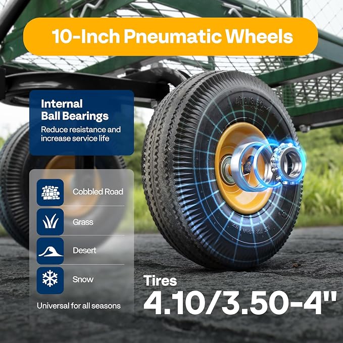 VIVOHOME Heavy Duty 880 Lbs 4.5 Cu Ft Mesh Steel Garden Cart Utility Wagon | Removable Sides and 4.10/3.50-4" Wheels 10 inch Tire(Green)