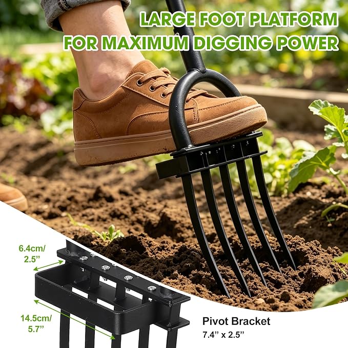 Broad Fork Garden Tool, 50” Heavy Duty Broadfork Hand Tiller with Double 5 Sharp Tines, Garden Pitchfork with Ergonomic D-Shaped Handle, Spading Digging Fork for Compost Soil Cultivating Loosening
