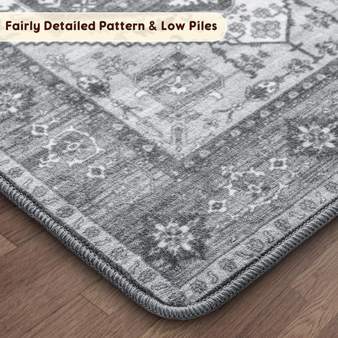 LBRO2M Machine Washable Rug Soft Pet Friendly Carpet 4X6 Dark Gray | Persian Rug 4X6 for Living Room, Bedroom, Dining Room, Home Office, Non Slip Carpet, Foldable Stain Resistant Rugs
