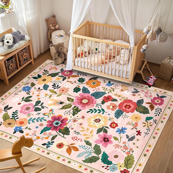 RELEANY Floral Washable 6x9 Area Rugs Pink | Flower Carpet, Print, Boho, Non-Slip, Easy to Clean, Soft, Low Pile for Living Room Bedroom Kitchen Office Entryway Hallway