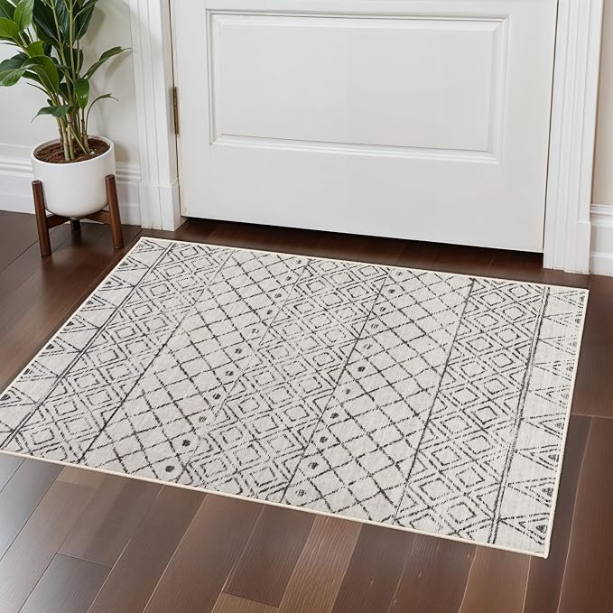 2x3 Entryway Rug Washable: Moroccan Small Area Rugs for Entryway Grey | Low Pile Indoor Mat Non Slip with Rubber Backing Thin Area Rug Pet Friendly for Front Door Kitchen Bedroom