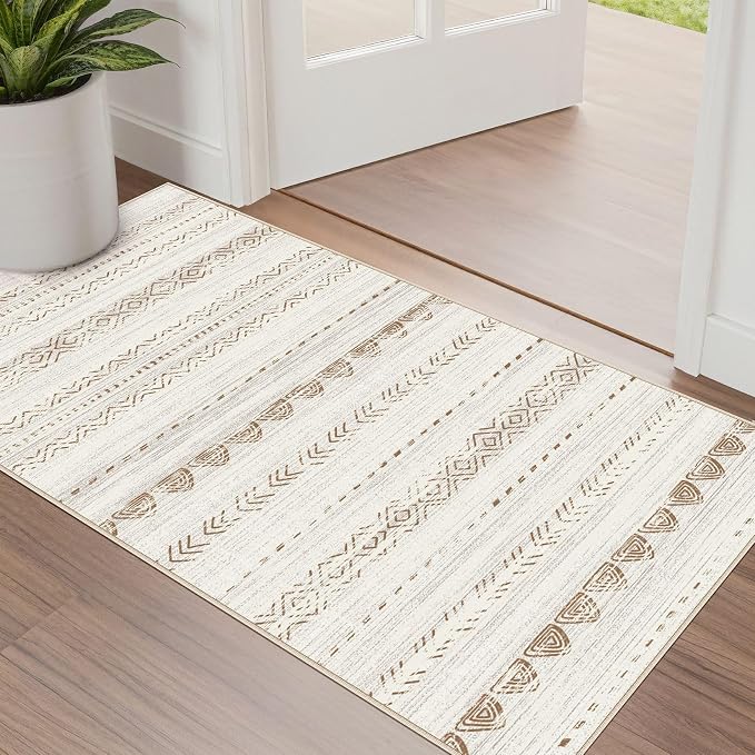 Nakagishi Boho 2x4 Washable Area Rug Non Slip Carpet for Entryway Beige | Pet & Kid Friendly, Machine Washable, Low Pile Carpet for Kitchen Hallway Daily Home Decor,Farmhouse Neutral Moroccan