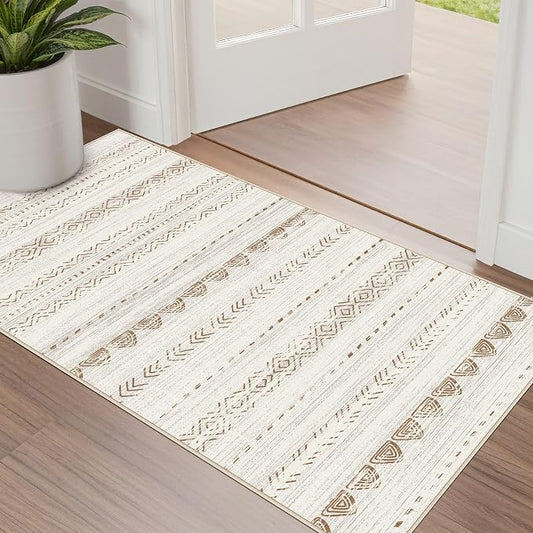 Nakagishi Boho 2x4 Washable Area Rug Non Slip Carpet for Entryway Beige | Pet & Kid Friendly, Machine Washable, Low Pile Carpet for Kitchen Hallway Daily Home Decor,Farmhouse Neutral Moroccan