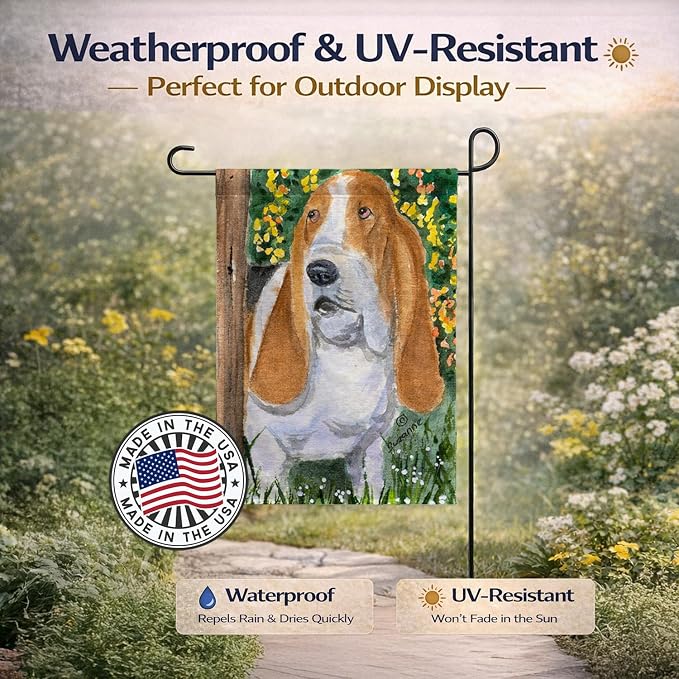 Caroline's Treasures SS8964GF Basset Hound Garden Flag Mailbox Flag Decorative Yard Flag Banner Outside Patio Artwork Yard Flower Beds, Garden Size, Multicolor