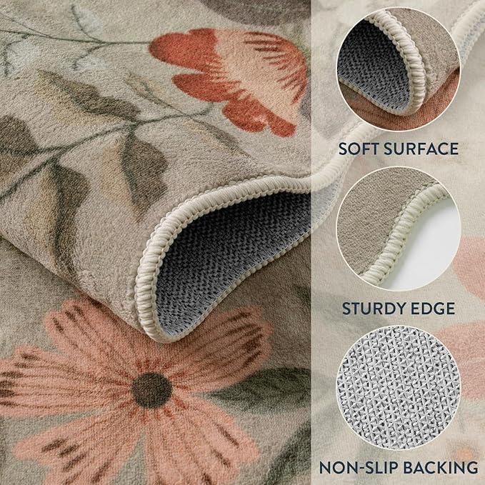 Lahome Floral Washable Rugs for Living Room Bedroom, Soft 5x7 Area Rugs | Non-Slip Stain Resistant Boho Low-Pile Throw Large Carpet for Dining Room Office Flore, Brown