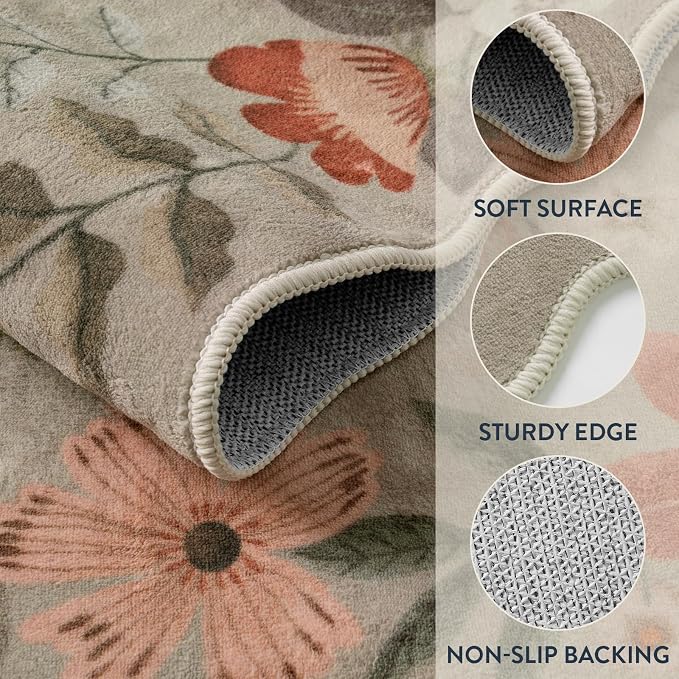 Lahome Floral Kitchen Runner, 2X6 Washable Hallway Runner Rug Non-Slip | Scalloped Ultra-Thin Soft Hallway Rug Stain Resistant Boho Carpet for Bedroom Laundry Bathroom Flore, Brown