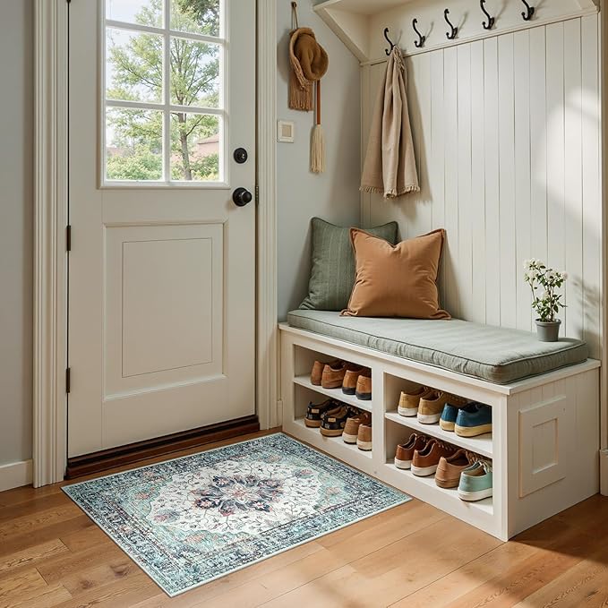 RELEANY Washable Area Rug, Small 2'x3', Teal Green/White/Navy | Non-Slip, Water Repellent, Pet Friendly, Easy to Clean, Vintage Floral Boho Decor for Kitchen Entryway Bathroom